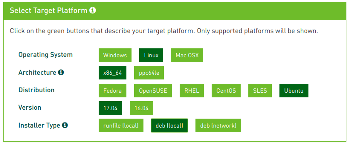 NVIDIA CUDA downloading website, choose Linux, x86_64, Ubuntu, 17.04, deb (local).